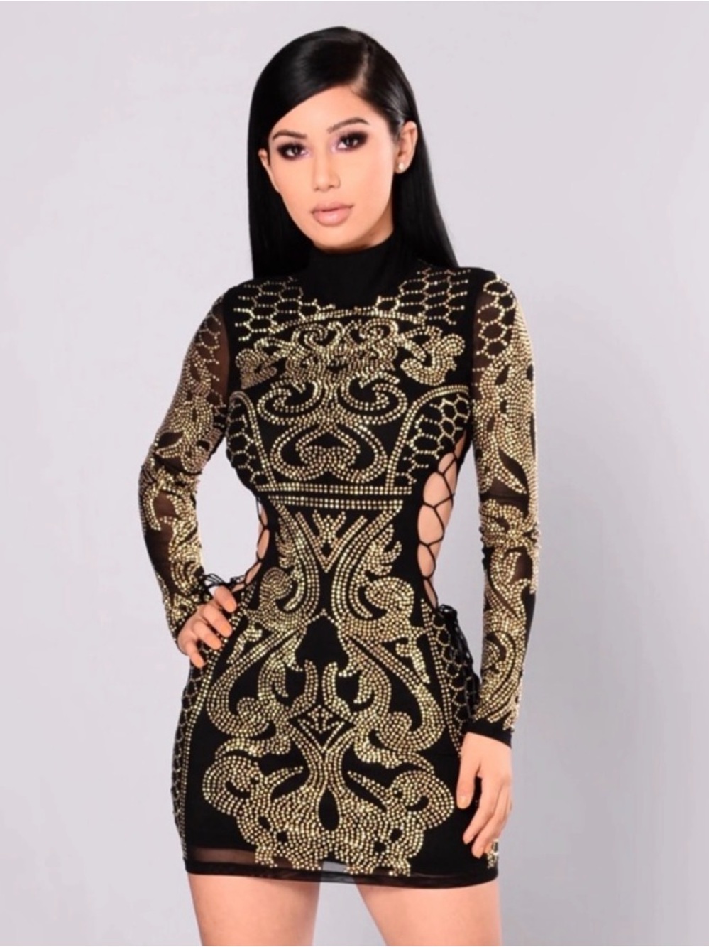 Black & Gold Embellished Long-Sleeve Bodycon Dress like new size S